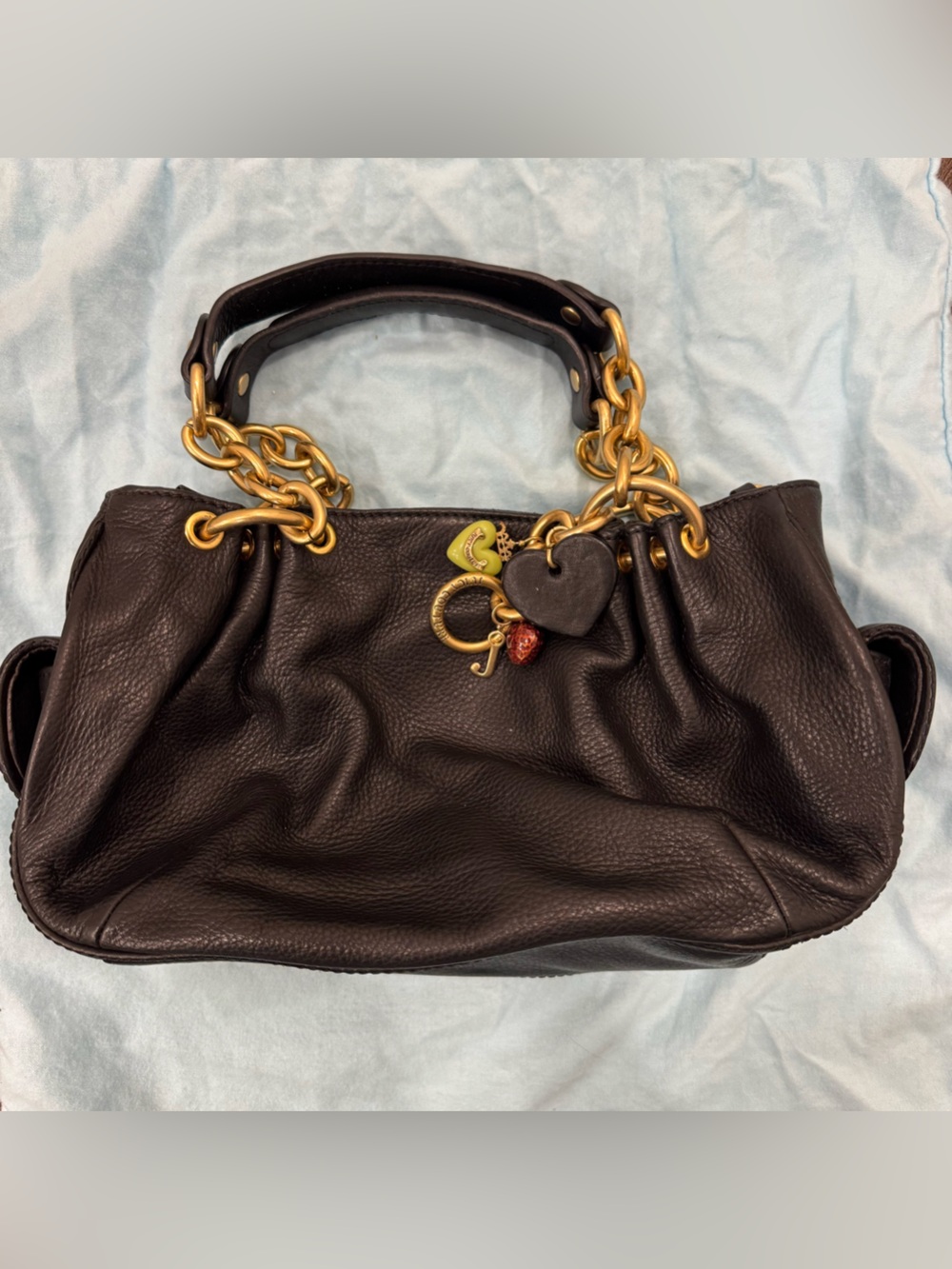 Vintage Y2K Juicy Couture Black Leather Handbag Purse Bag With Charms